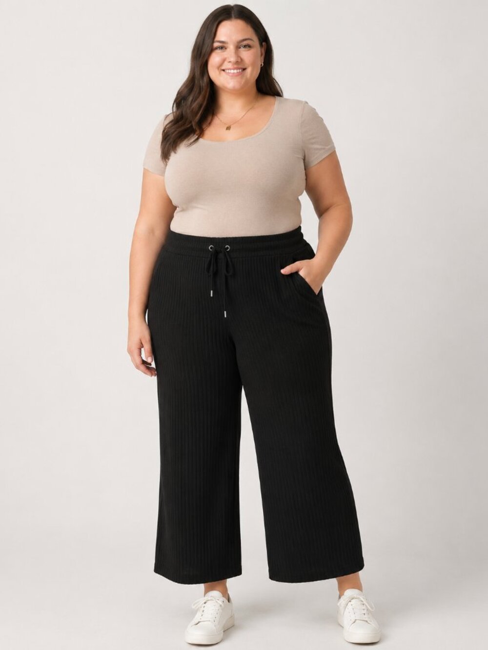 Calvin Klein Women’s Plus Size Black Ribbed Knit Wide Leg Pull-On Pants Lounge